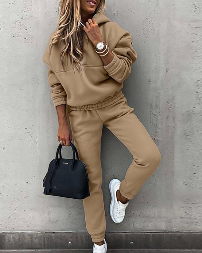 

Long Sleeve Hooded Top & High Waist Pants Set, Khaki