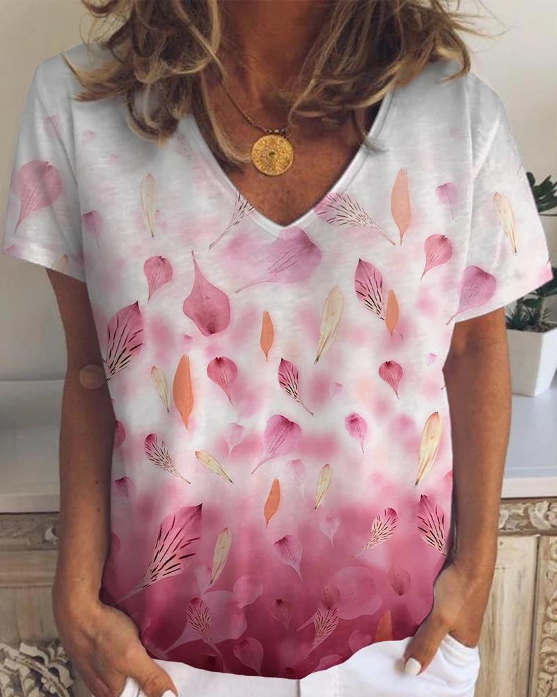 

Floral & Leafs Print Short Sleeve T-shirts, Red