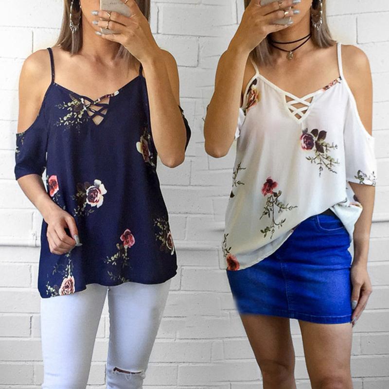 

Spaghetti Strap Open Shoulder Floral Blouse, White