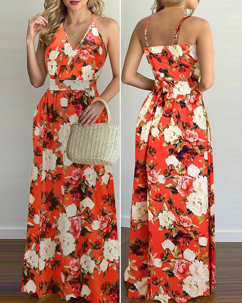 

Hawaii Floral Print Strap Sleeveless Loose Long Dress, Red