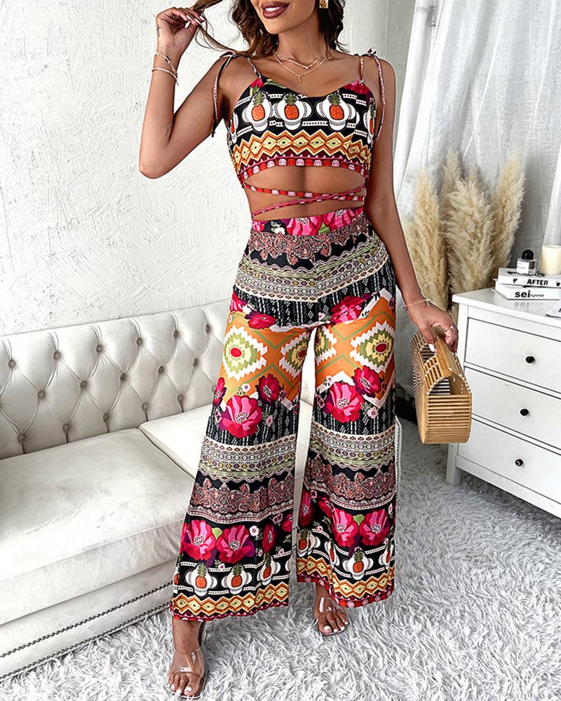 

Pineapple Floral Print Bandage Top & Wide Leg Pants Set, Multicolor