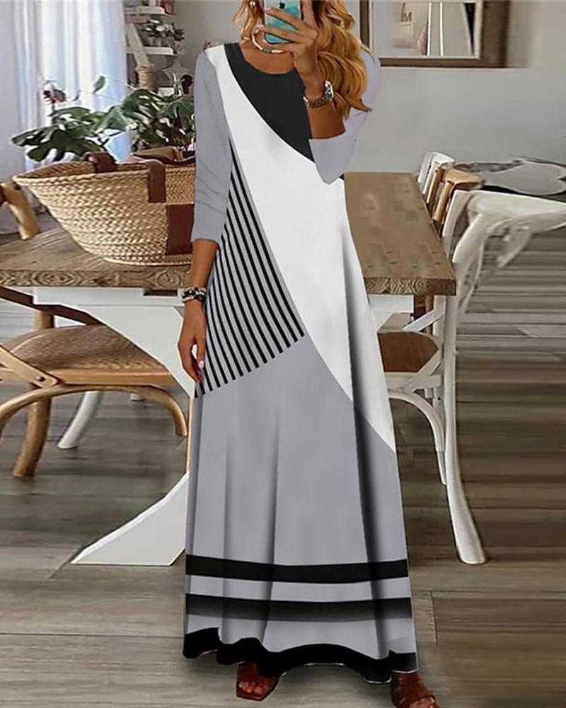

Geometric Print Long Sleeve Casual Maxi Dress, Gray