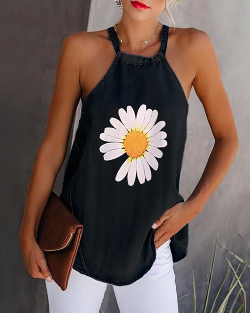 

Halter Daisy / Tie Dye Print Tank Top, Black