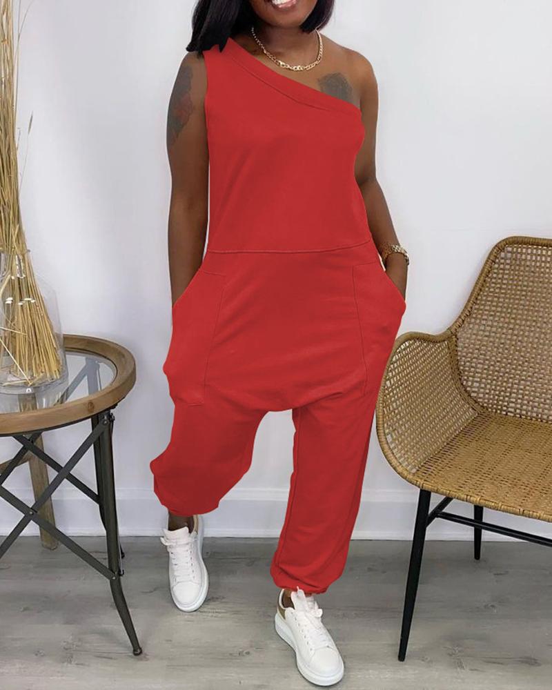 

One Shoulder Pocket Design Casual Jumpsuit, Red