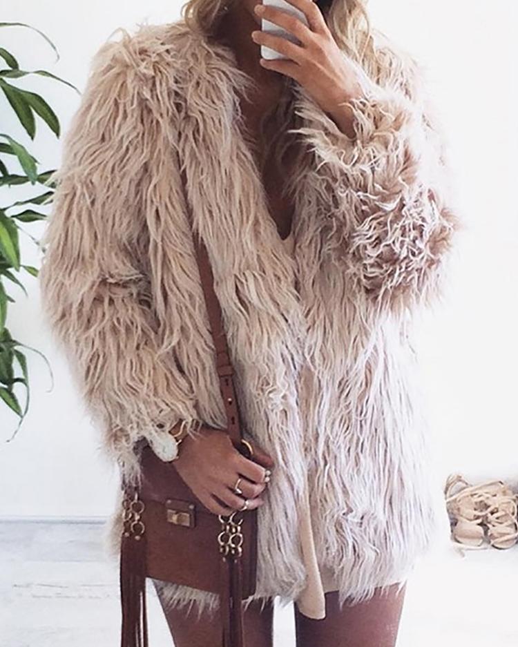

Warm Faux Fur Fluffy Cropped Jacket, Beige