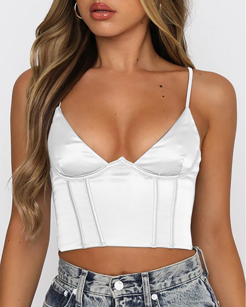 

Satin Spaghetti Strap V Neck Skinny Crop Top, White