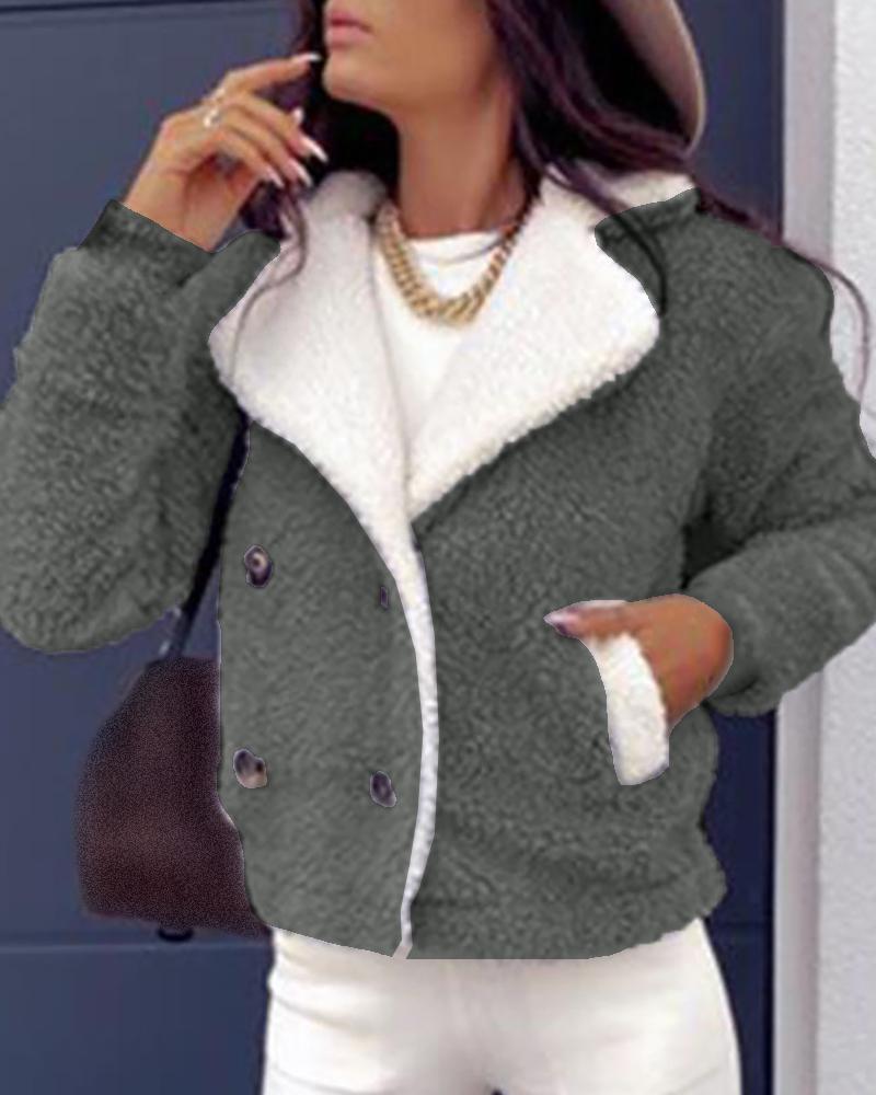 

Pocket Button Design Long Sleeve Teddy Coat, Gray