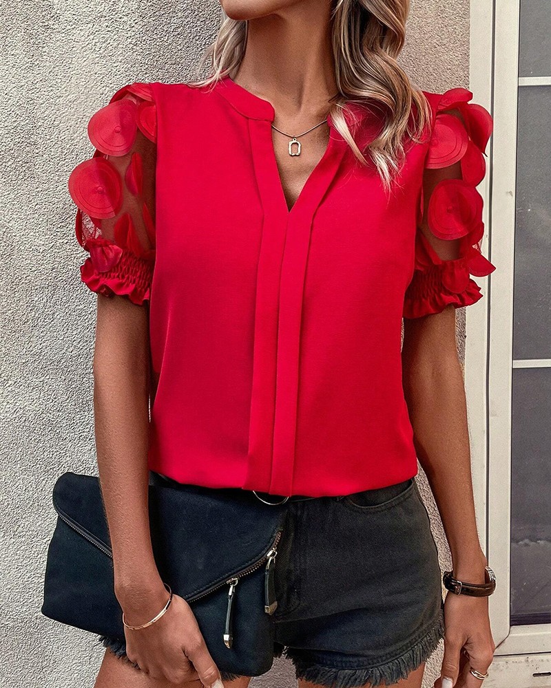 Jacquard V-Neck Puff Sleeve Blouse Casual Sheer Mesh Patch