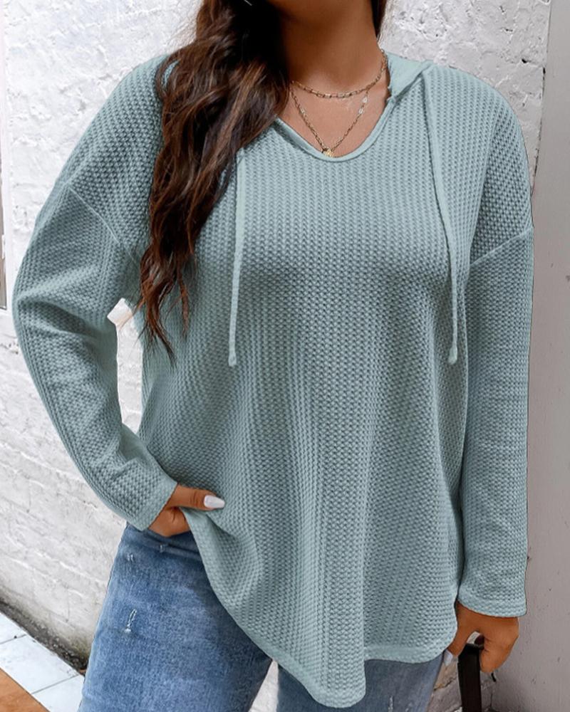 

Plus Size Waffle Knit Long Sleeve Hooded Top, Turquoise blue