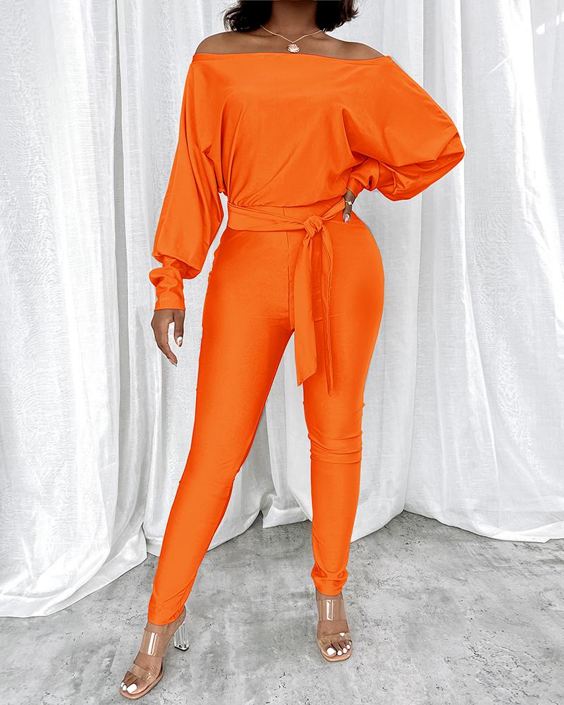 

Off Shoulder Batwing Lantern Sleeve Jumpsuit With Belt, Orange