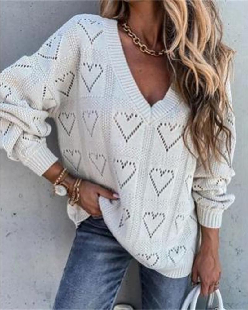 

Hollow Out Heart Pattern Long Sleeve Casual Sweater, White