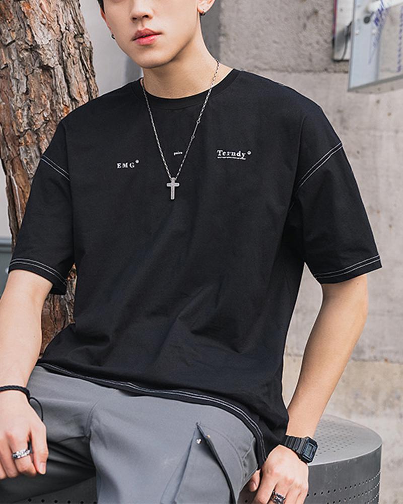 

Solid Color Splicing Letter Print Short Sleeve T-shirt, Black