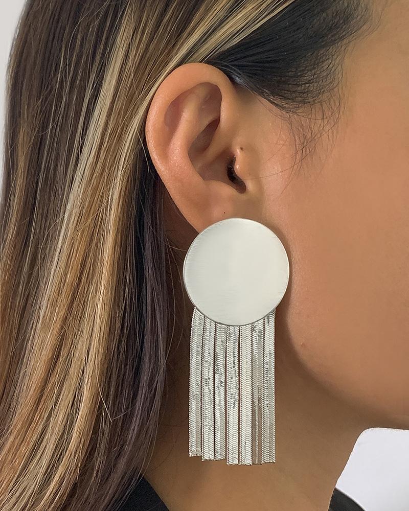 

1pair Round Shaped Tassel Design Drop Earrings, Silver