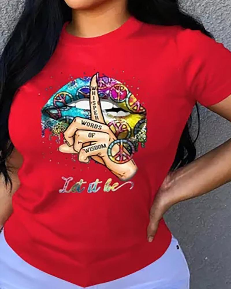 

Letter Lip Graphic Print O-neck T-shirt, Red