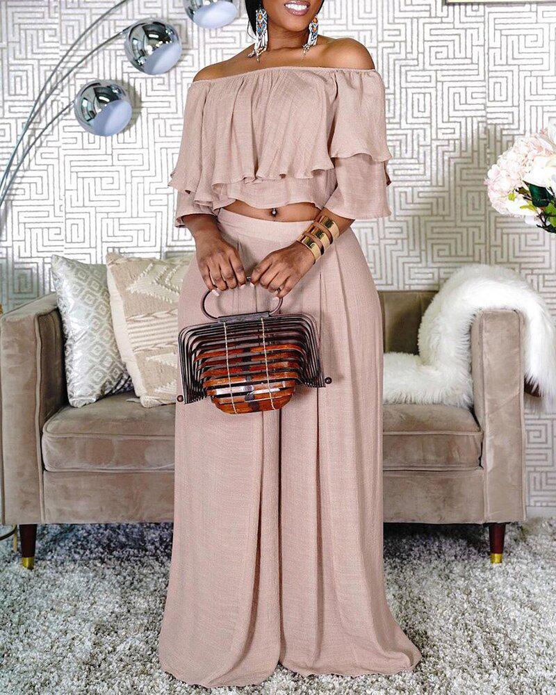

Off Shoulder Ruffle Hem Crop Top & Wide Leg Pants Set, Pink