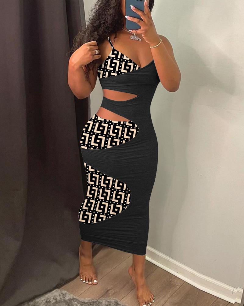 

Colorblock Geometric Print Cutout Bodycon Dress, Black