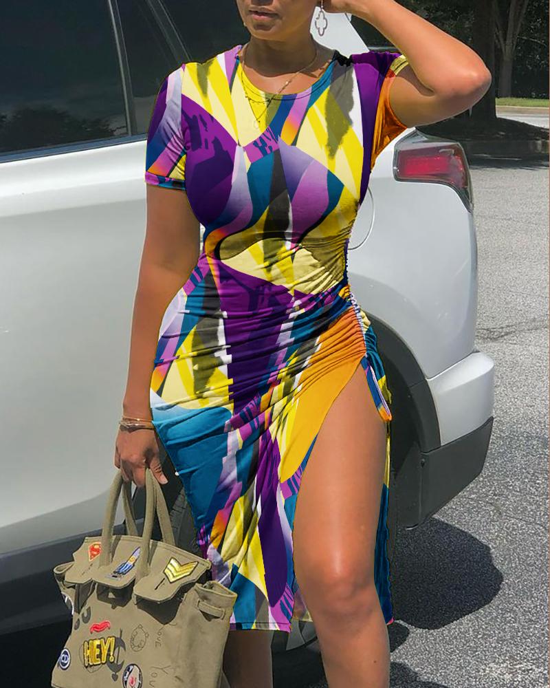 

Abstract Print Short Sleeve Drawstring Ruched Slit Dress, Multicolor
