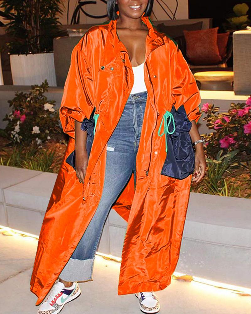 

Pocket Design Stand Collar Drawstring Longline Coat, Orange