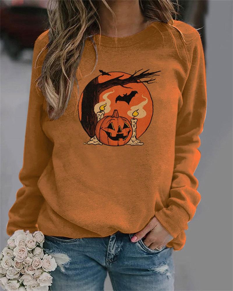 

Plus Size Halloween Graphic Print Long Sleeve Top, Brown