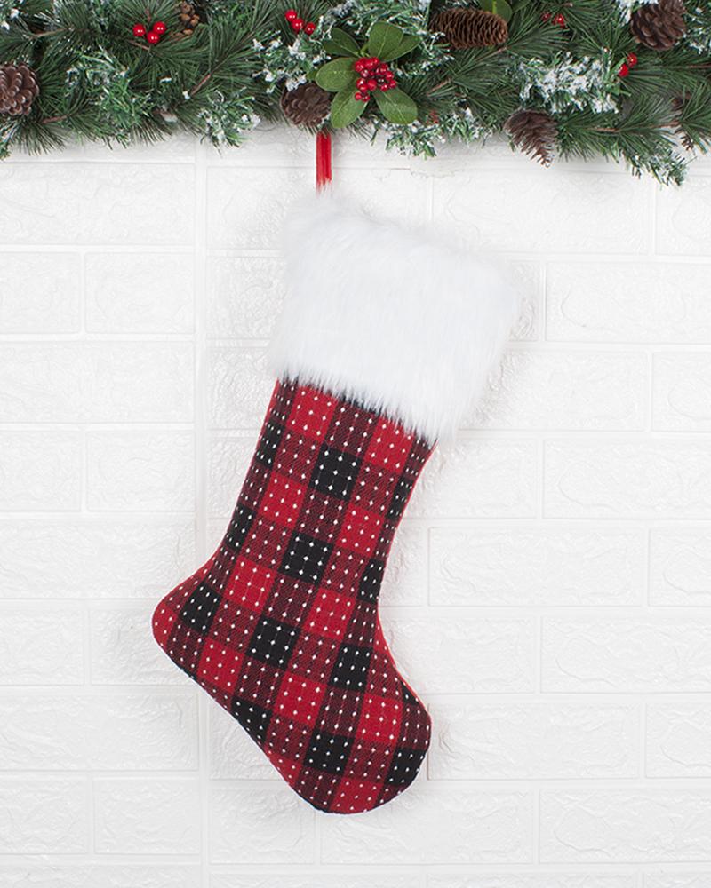 

Christmas Fluffy Trim Plaid Grpahic Print Stockings Hanging Ornaments, Style3