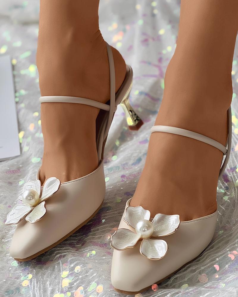 

Floral Pattern Pointed Toe Slingback Wedding Guest Heels, Beige