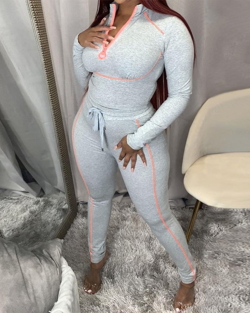 

Plus Size Contrast Binding Zip Detail Top & Pants Set, Gray