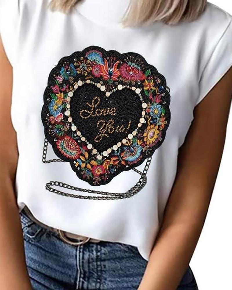 

Heart Letter Print Short Sleeve Casual T-shirt, White