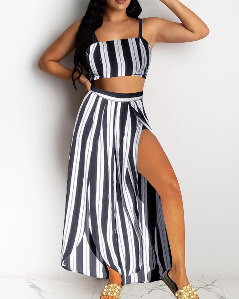 

Striped Sling Skinny Cropped Top With Slit Pants Suit Sets, Black&white