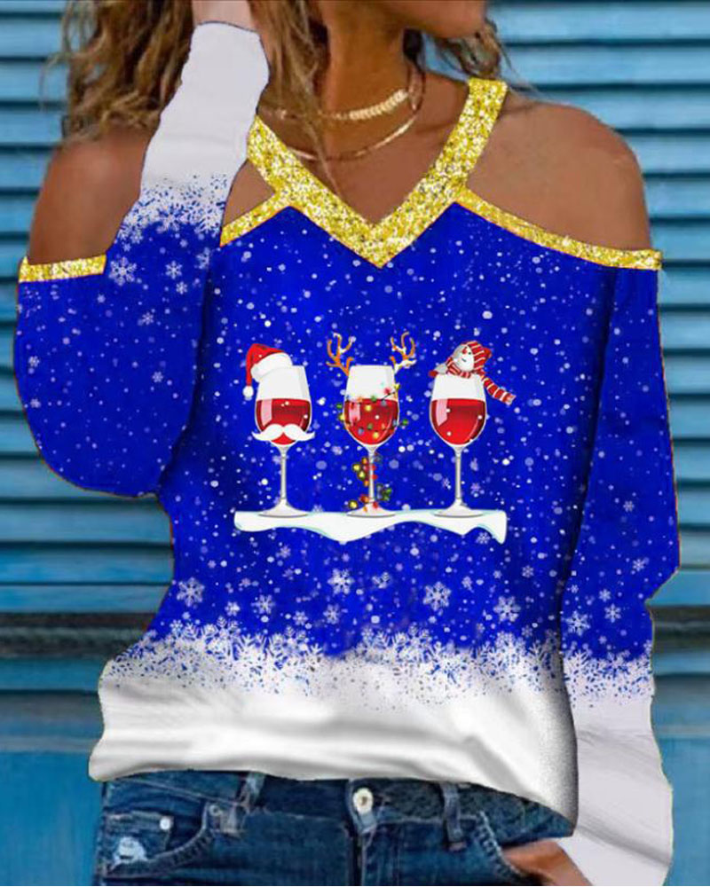 

Christmas Wine Glass Snowflake Print Cold Shoulder Top, Blue