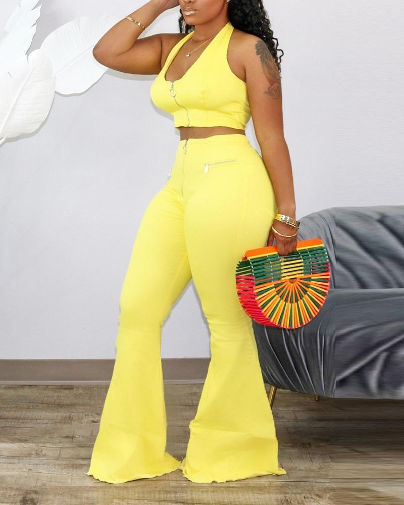 

Zip Design Halter Crop Top & Flared Leg Pants Set, Yellow