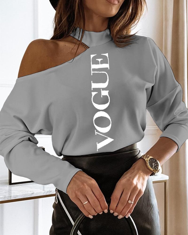 

Letter Print Cold Shoulder Long Sleeve Tee, Gray