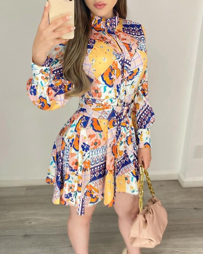 

All Over Print Button Down Shirt Dress With Belt, Multicolor