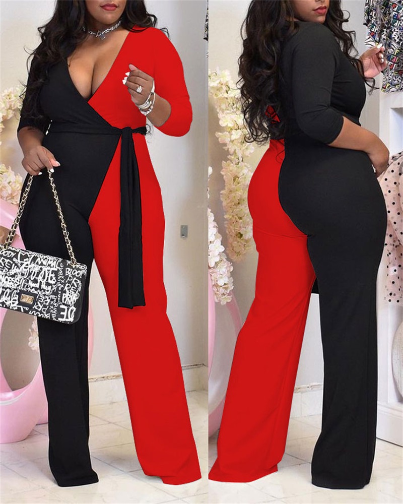 

Plus Size Colorblock Surplice Neck Belted Jumpsuit, Red
