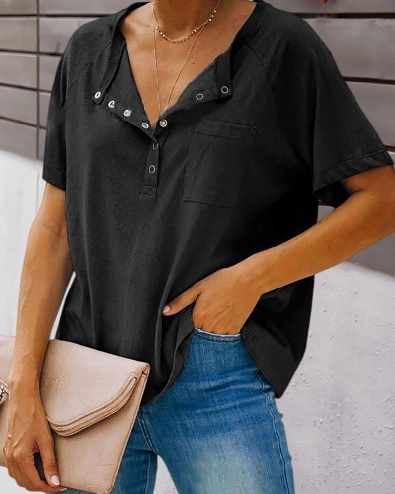 

Round Neck Plain Short Sleeve Button Pocket T-Shirt, Black