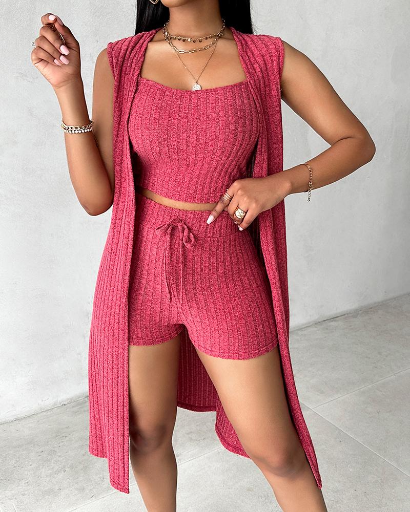 

Conjunto de top de canalé con cuello en U y pantalones cortos con cordón y abrigo con parte delantera abierta, Red