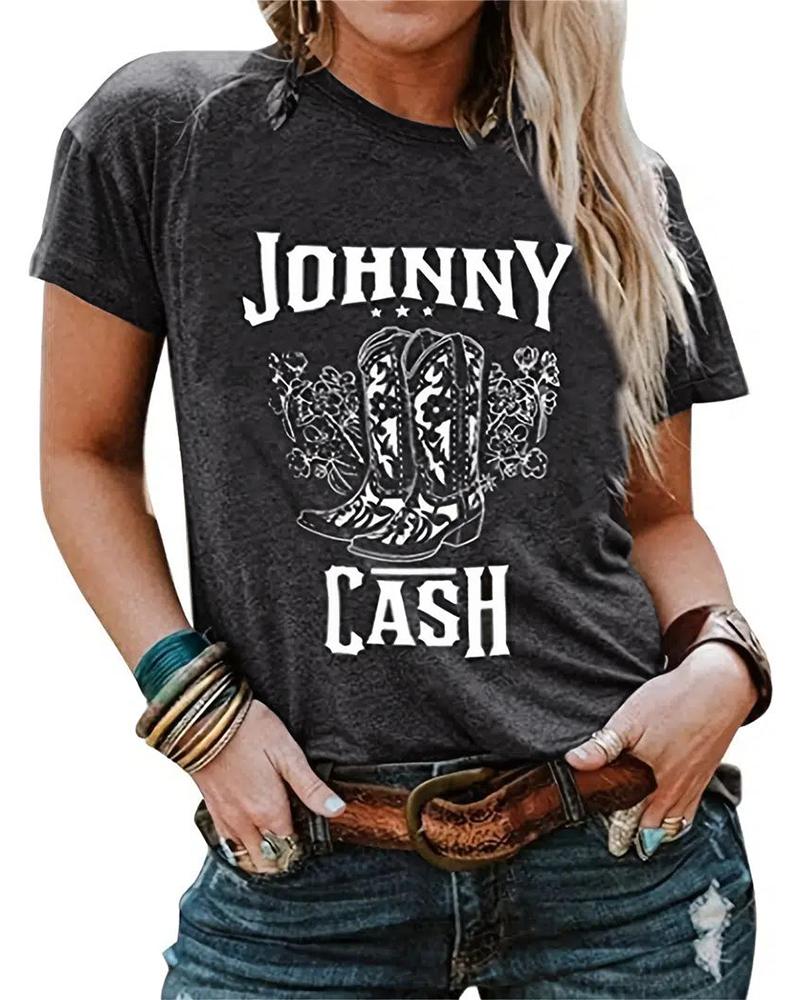 

Johnny Cash Print T-shirt Western Country Music Graphic Tee, Gray