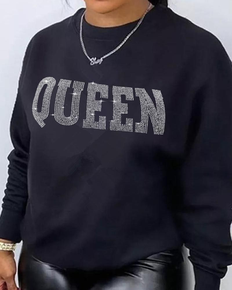 

Rhinestone Letter Queen Pattern O-Neck Sweatshirt, Black