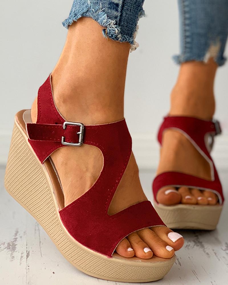 

Suede Cutout Peep Toe Buckled Wedge Sandals, Wine red