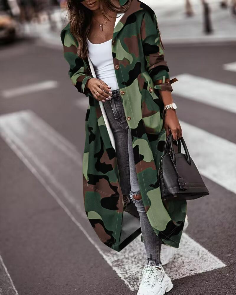 Camo Print Pocket Design Cargo Trench Coat