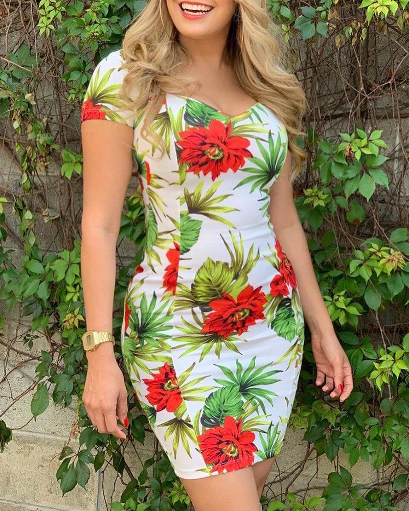 

Floral Print Short Sleeve Bodycon Dress, Beige