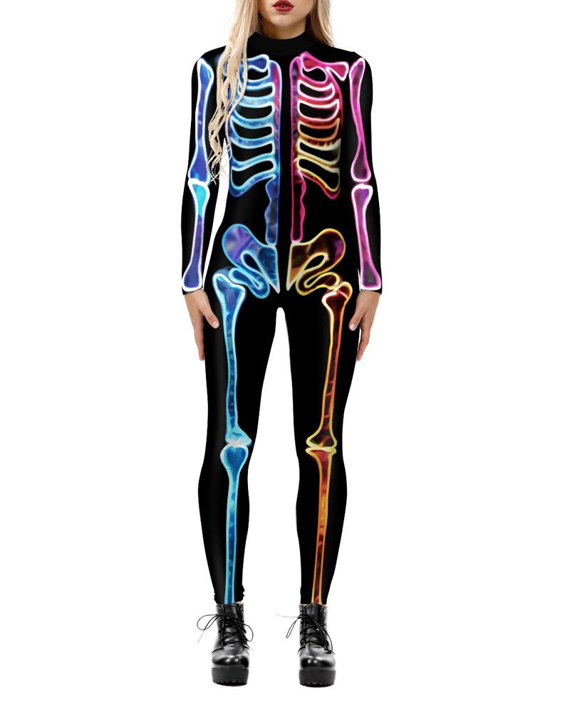 

Halloween Skeleton Print Cosplay Costume Jumpsuit, Multicolor
