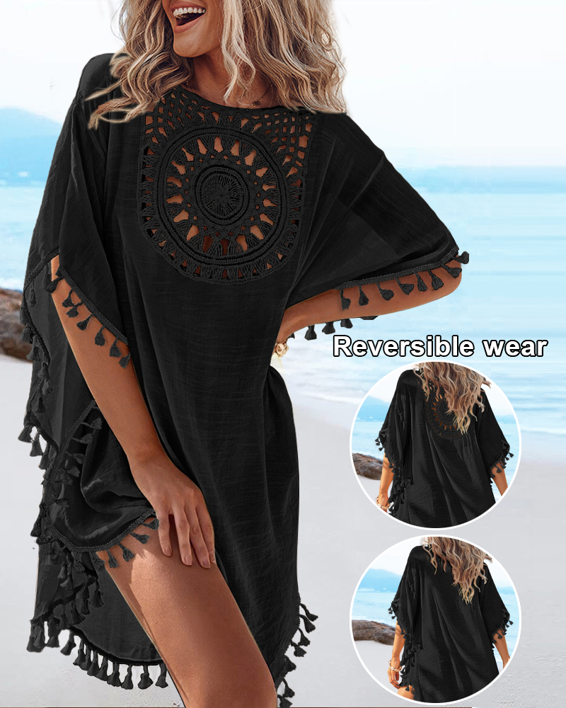 

Reversible-wear Graphic Pattern Hollow-out Batwing Sleeve Round Neck Tassel Cover Up Vacation Top, Black
