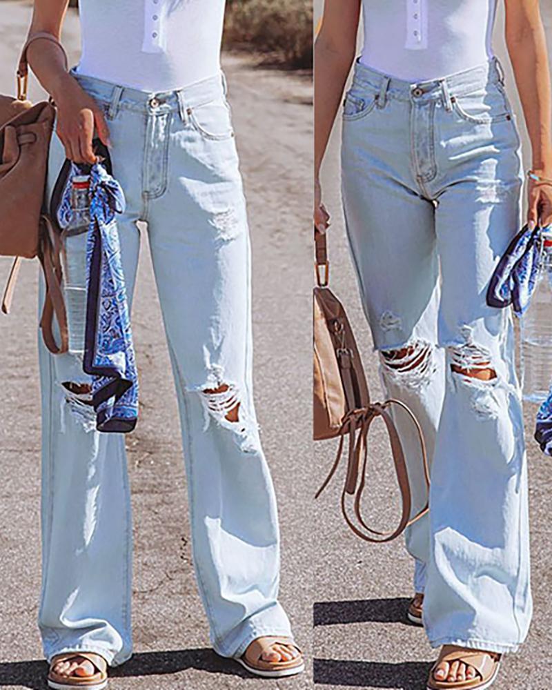 

Ripped Bootcut High Waist Denim Pants, Light blue