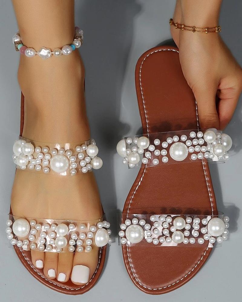 

Pearls Decor Clear Double Strap Beach Slippers, Brown