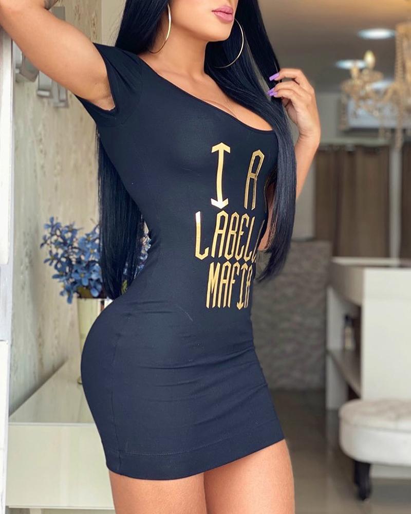 

Letter Print Short Sleeve Bodycon Dress, Black