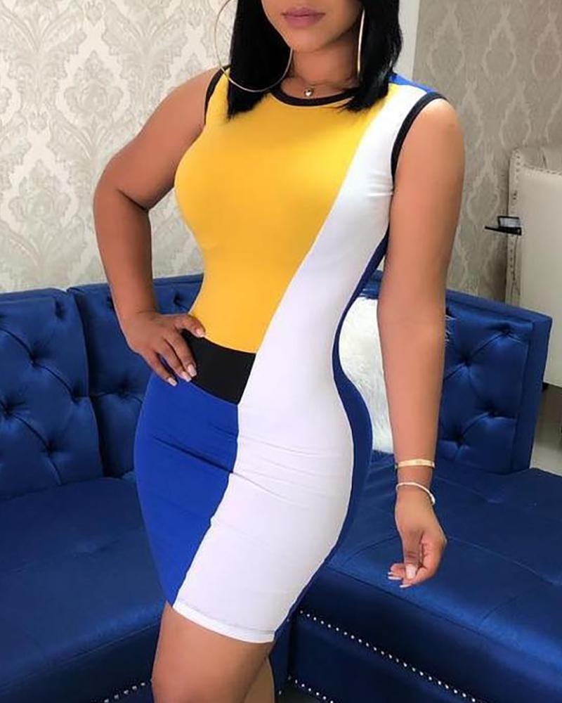 

O-Neck Colorblock Sleeveless Bodycon Dress, Blue