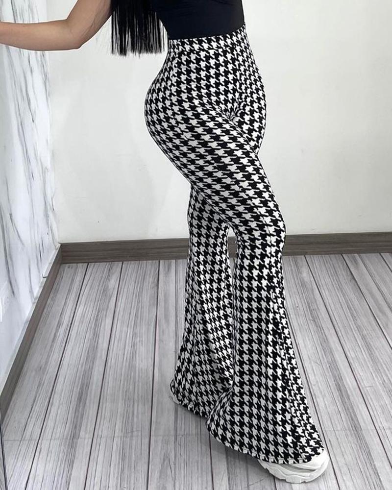 

Houndstooth Print Flared Leg Pants, Blackwhite