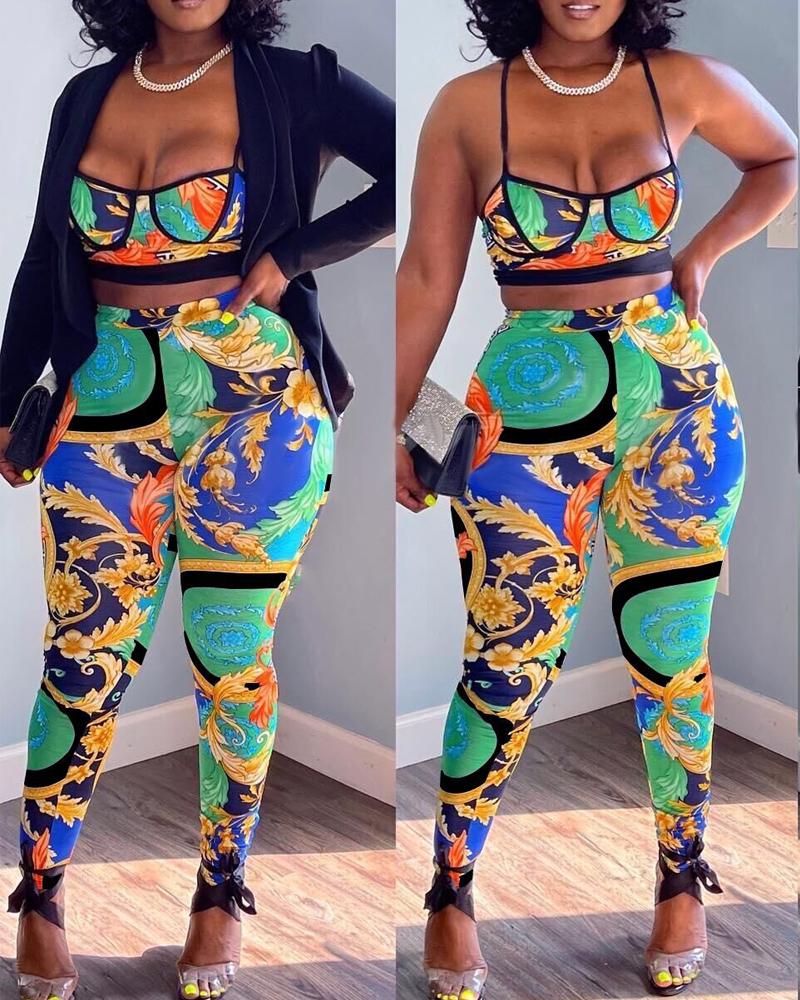 

Baroque Print Crop Cami Top & Pants Set, Green