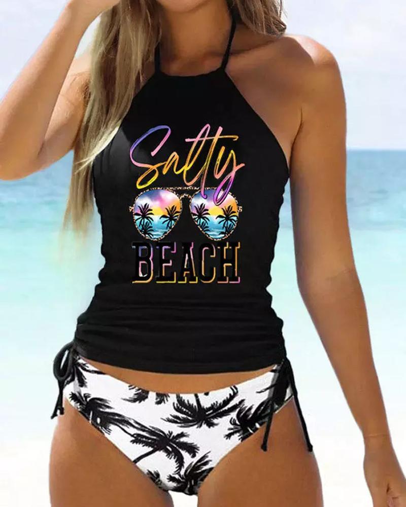 

Salty Beach Coconut Tree Print Drawstring Halter Tankini Set, Black
