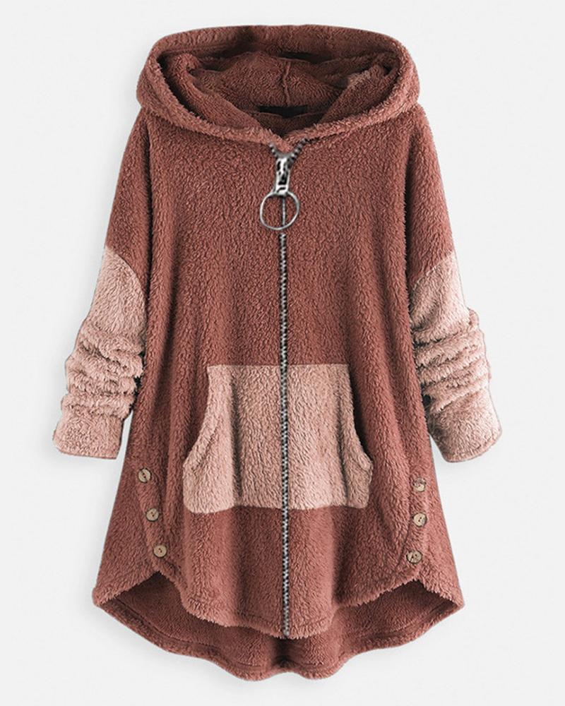 

Patchwork Long Sleeve Hooded Zip Up Teddy Coat, Pink